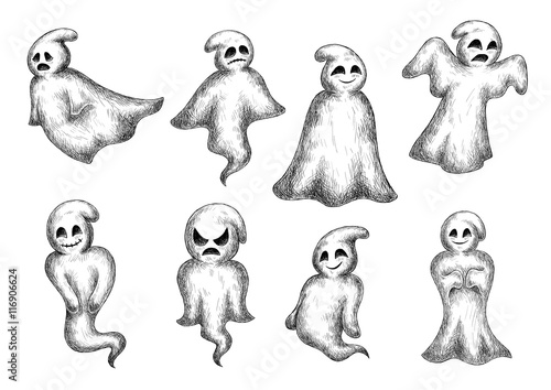 Halloween cartoon eerie white ghosts
