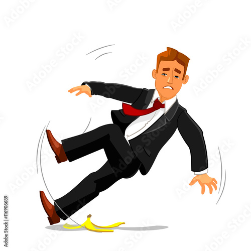 Businessman slips on banana peel and falls