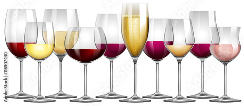 Wine glasses filled with red and white wine