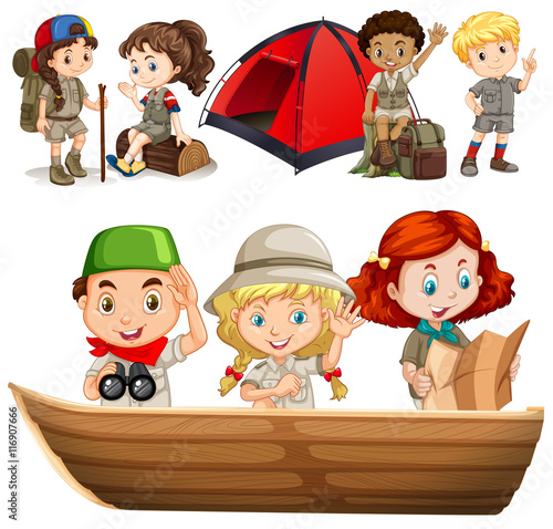 Boys and girls with camping equipment