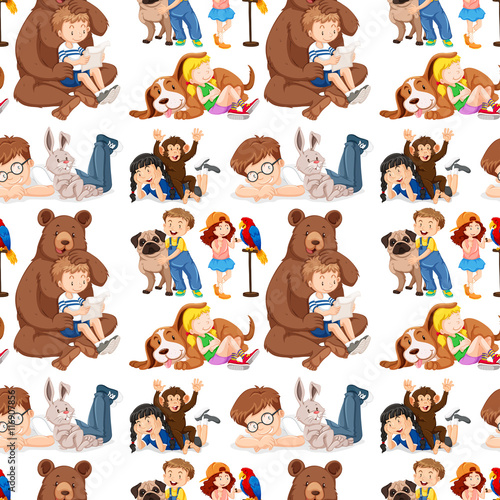 Seamless background with kids and pets