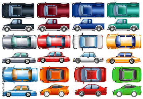 Set of cars and trucks in many colors