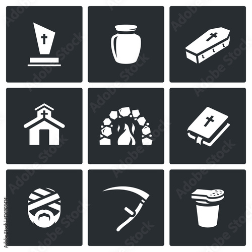 Vector Set of Funeral Icons. Burial, Cremation, Coffin, Church, Crematorium, Prayer, Mummification, Death, Funeral.