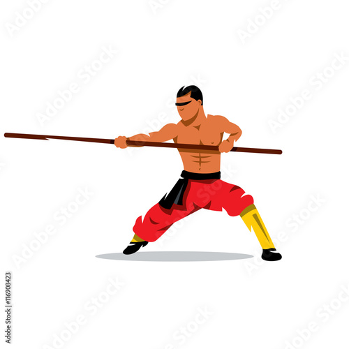 Shaolin monk with his staff. Vector Cartoon Illustration.