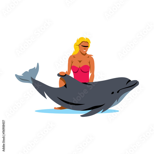 Girl with Dolphin. Vector Cartoon Illustration.