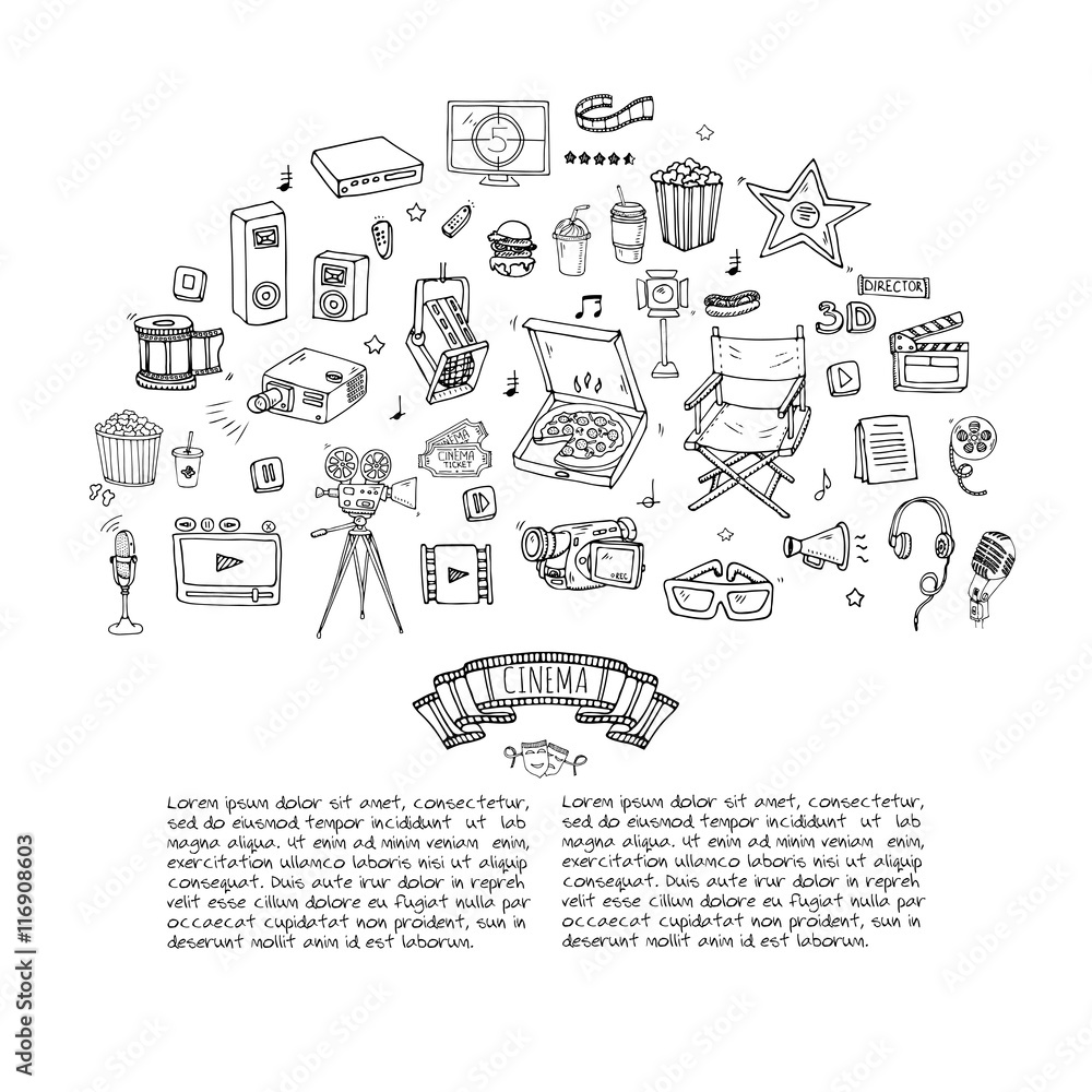 Hand drawn doodle Cinema set. Vector illustration. Movie making icons. Film symbols collection. Cinematography freehand elements: camera, film tape, photo camera, pizza, popcorn, projector, microphone Hand drawn doodle Cinema set. Vector illustration. Movie making icons. Film symbols collection. Cinematography freehand elements: camera, film tape, photo camera, pizza, popcorn, projector, microphone
