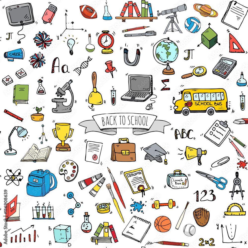 Seamless background hand drawn doodle Back to school icon set Vector illustration educational symbols collection Cartoon various learning elements: Laptop; Lunch box; Microscope; Telescope; Sketch bus Seamless background hand drawn doodle Back to school icon set Vector illustration educational symbols collection Cartoon various learning elements: Laptop; Lunch box; Microscope; Telescope; Sketch bus