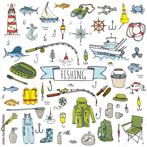 Hand drawn doodle Fishing icons set. Vector illustration. Cartoon catching fish equipment elements collection: Rod, Baits, Spinning, Lure, Inflatable Boat, Yacht, Lighthouse, Cloth, Safety jacket.