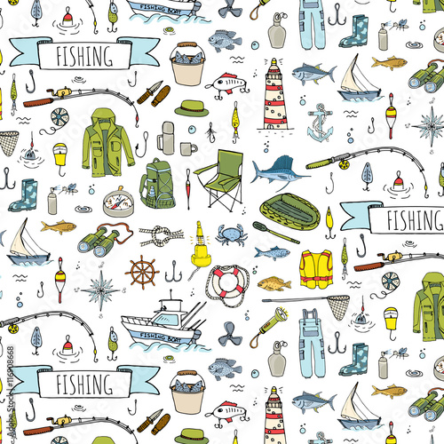 Seamless pattern hand drawn doodle Fishing icons set. Vector illustration. Cartoon catching fish equipment elements collection: Rod, Baits, Spinning, Lure, Inflatable Boat, Yacht, Lighthouse, Cloth.
