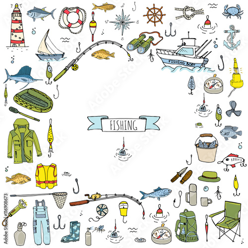 Hand drawn doodle Fishing icons set. Vector illustration. Cartoon catching fish equipment elements collection: Rod, Baits, Spinning, Lure, Inflatable Boat, Yacht, Lighthouse, Cloth, Safety jacket.