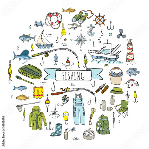 Hand drawn doodle Fishing icons set. Vector illustration. Cartoon catching fish equipment elements collection: Rod, Baits, Spinning, Lure, Inflatable Boat, Yacht, Lighthouse, Cloth, Safety jacket.
