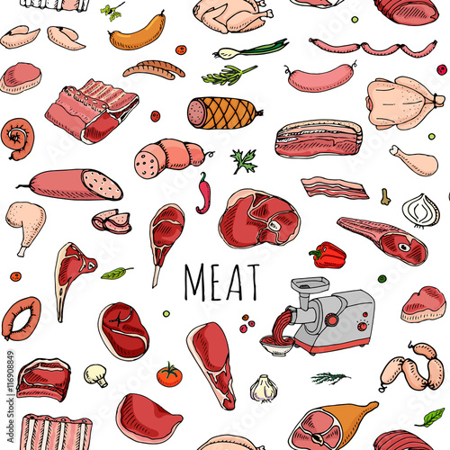 Seamless pattern hand drawn doodle set of cartoon different kind of meat and poultry. Vector illustration set. Sketchy food elements collection: Lamb, Pork, Ham, Mince, Chicken, Steak, Bacon, Sausage.