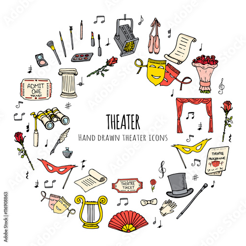 Hand drawn doodle Theater set. Vector illustration. Sketchy artistic icons. Acting performance elements: Ticket, Masks, Lyra, Flowers, Curtain stage, Musical notes, Pointe shoes, Make-up artist tools.