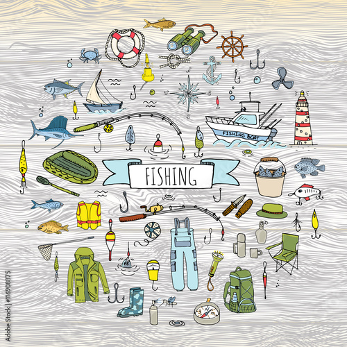 Hand drawn doodle Fishing icons set. Vector illustration. Cartoon catching fish equipment elements collection: Rod, Baits, Spinning, Lure, Inflatable Boat, Yacht, Lighthouse, Cloth, Safety jacket.