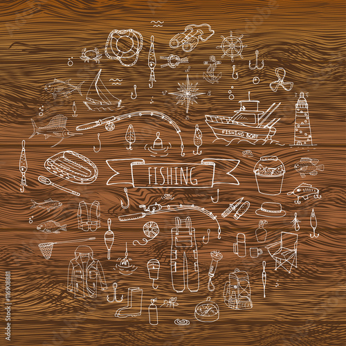 Hand drawn doodle Fishing icons set. Vector illustration. Cartoon catching fish equipment elements collection: Rod, Baits, Spinning, Lure, Inflatable Boat, Yacht, Lighthouse, Cloth, Safety jacket.