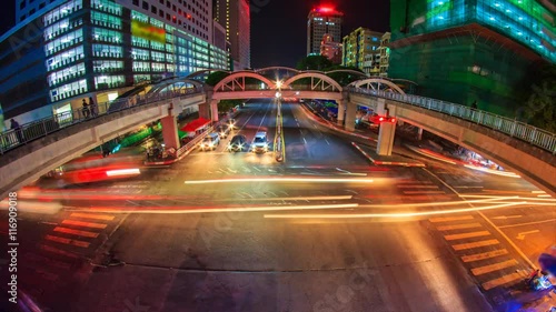 Yangon Cityscape Crossroad Traffic Time Lapse On Night Time Of Yangon City, Myanmar