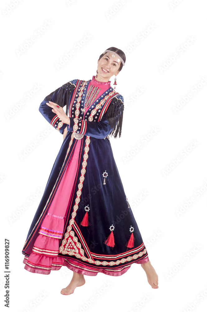 Studio photo of a young woman isolated on white background in traditional Muslim clothing Bashkirs, residents of the Republic of Bashkortostan