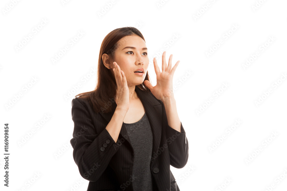 Beautiful young Asian woman shocked and look up. Beautiful young Asian woman shocked and look up.