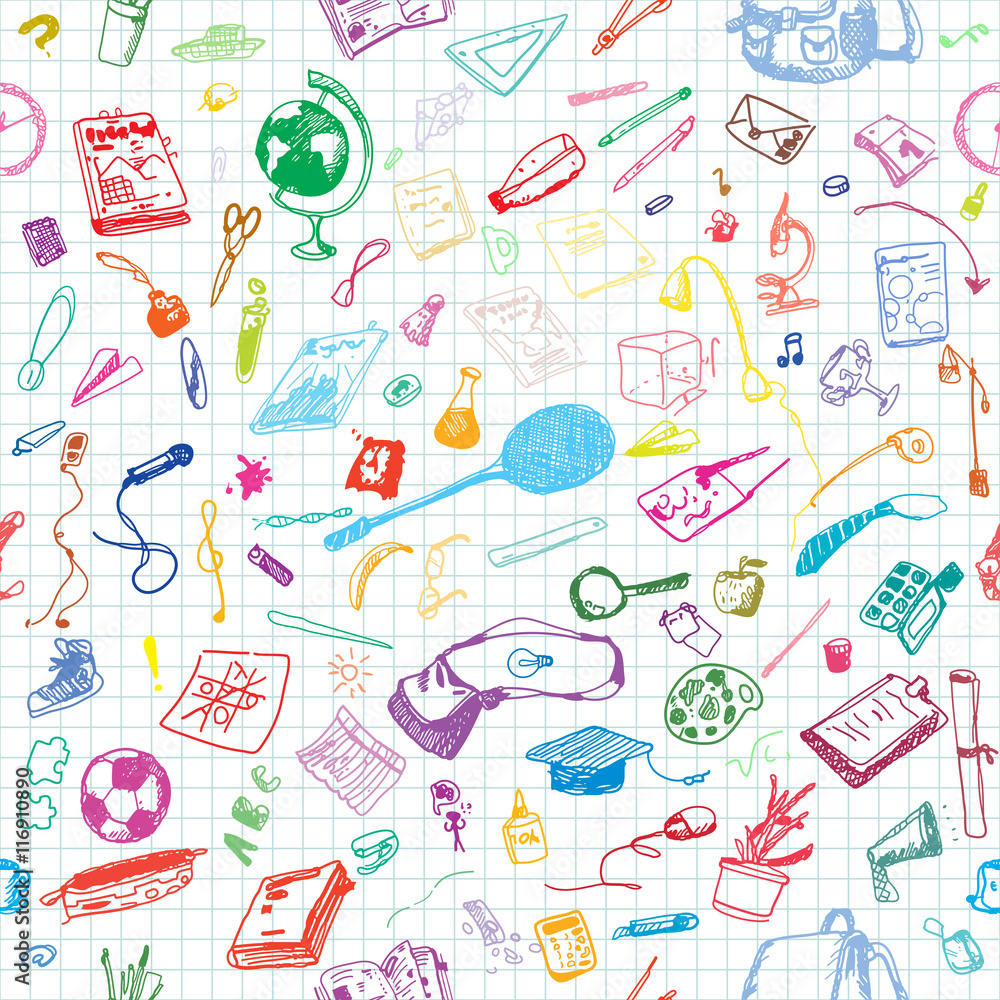 Hand drawn doodle school objects seamless pattern. Colored pen objects, notebook background. Learning, study, poster, flyer, design. Hand drawn doodle school objects seamless pattern. Colored pen objects, notebook background. Learning, study, poster, flyer, design.