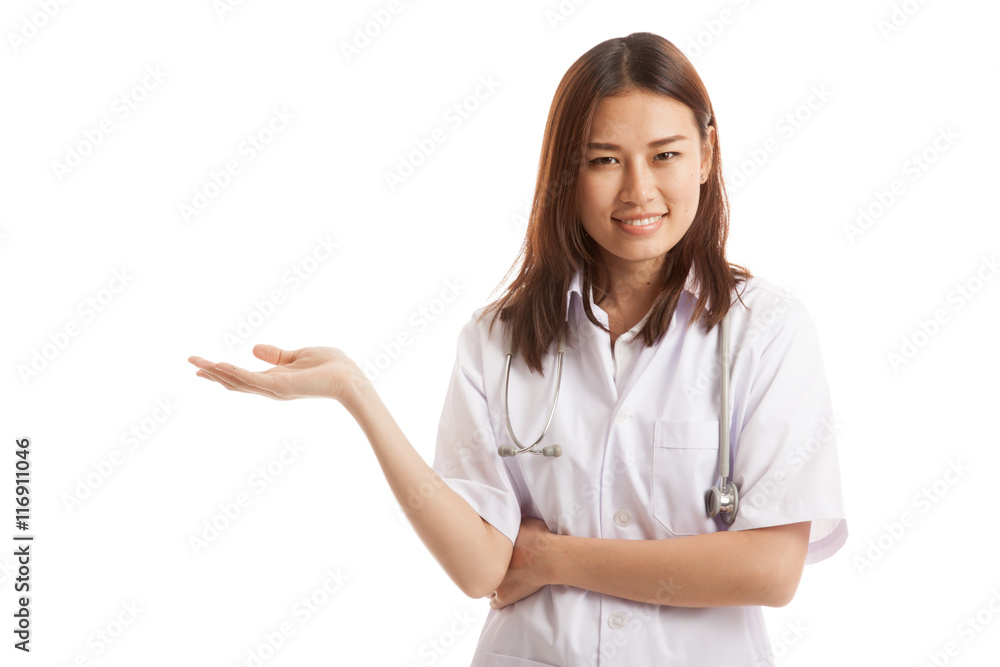 Asian young female doctor show something on her hand. Asian young female doctor show something on her hand.