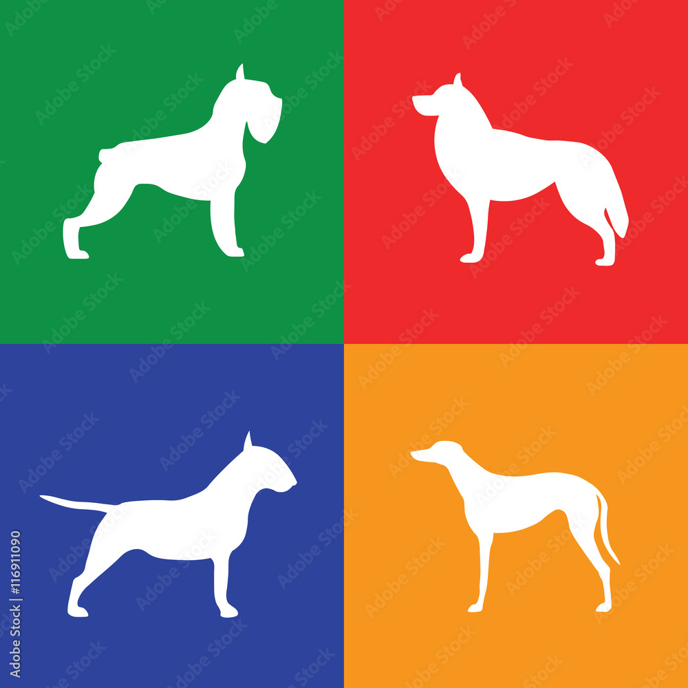 Four different white dog silhouette on colored background