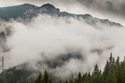 Storm clouds, and adter rain mist in the Romanian mountains, in summer