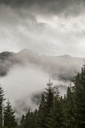 Storm clouds  and adter rain mist in the Romanian mountains  in summer