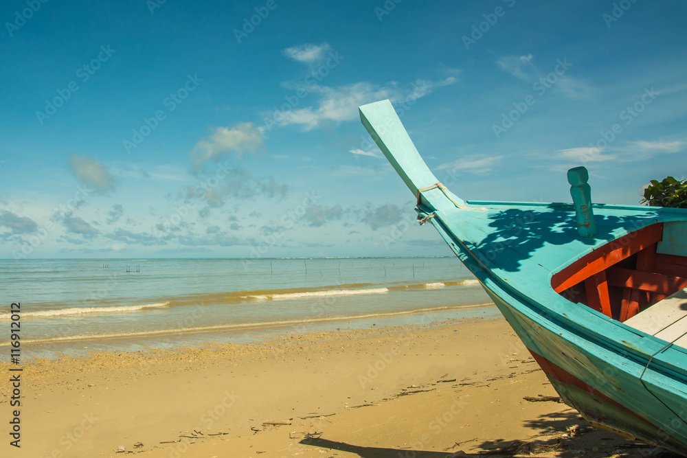 blue sea and blue sky view from prow of wooden 