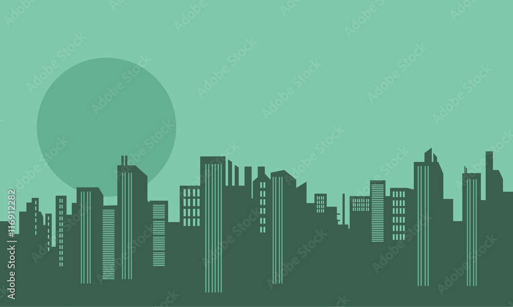 Silhouette of many buildings and moon