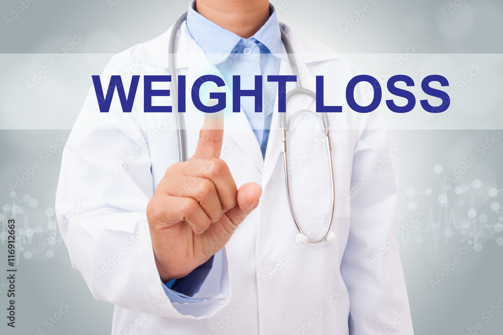 Doctor hand touching weight loss sign on virtual screen. medical concept Doctor hand touching weight loss sign on virtual screen. medical concept