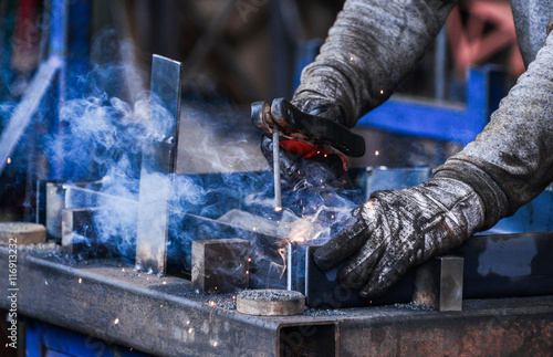 Arc welding of a steel in factory