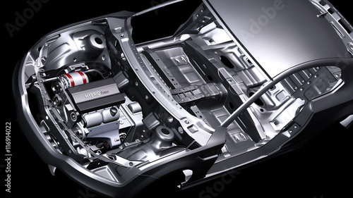 Chassis eines PKW mit eingebautem Hybridmotor