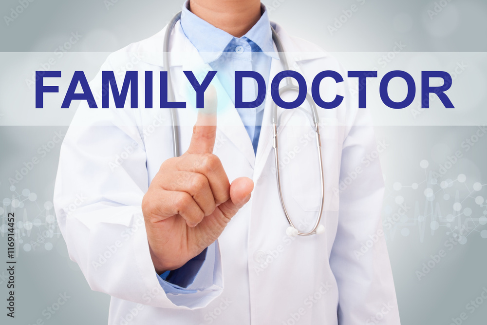 Doctor hand touching FAMILY DOCTOR sign on virtual screen. medical concept Doctor hand touching FAMILY DOCTOR sign on virtual screen. medical concept