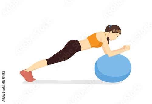Woman workout with fitness ball in ball table top posture. Illustration about exercise with exercise equipment.