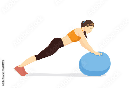 Woman workout with fitness ball in ball triceps extension posture. Illustration about exercise with exercise equipment.