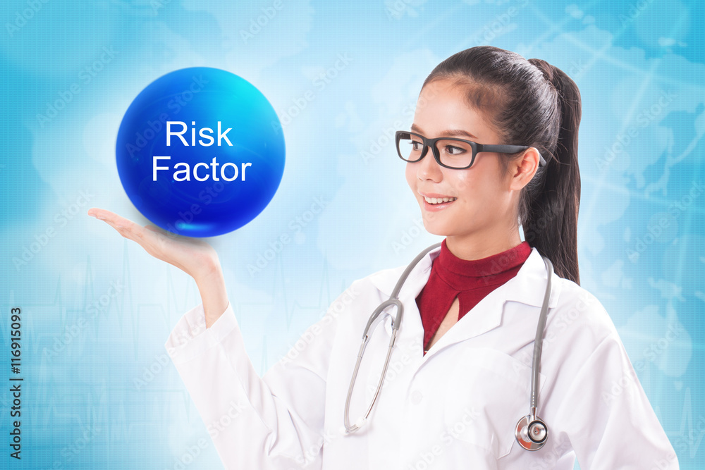Female doctor holding blue crystal ball with risk factor sign on medical background. Female doctor holding blue crystal ball with risk factor sign on medical background.
