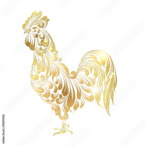 Golden Cock - Chinese calendar symbol of 2017 year. Christmas card with icon of the rooster bird over white background. Happy new year card. Vector illustration.