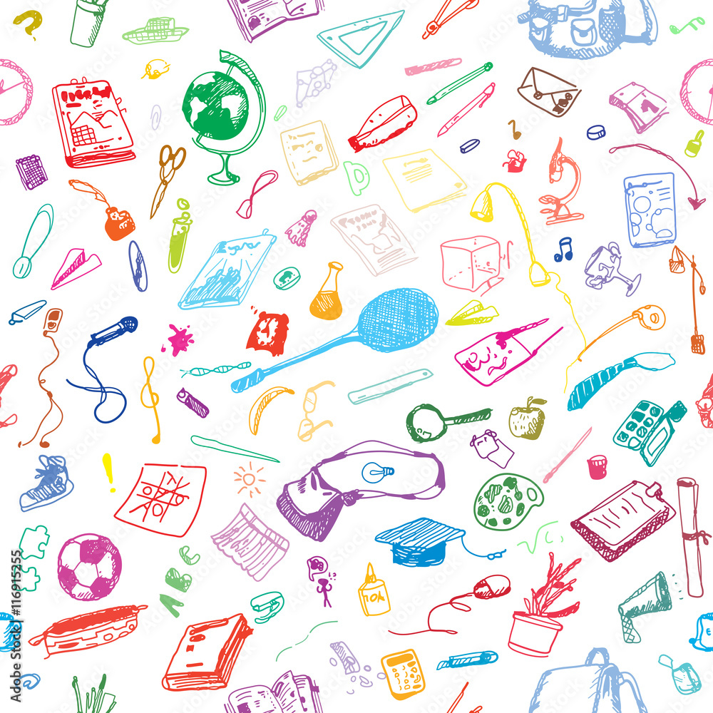 Hand drawn doodle school objects seamless pattern. Colored objects, white background. Learning, study, poster, flyer, design. Hand drawn doodle school objects seamless pattern. Colored objects, white background. Learning, study, poster, flyer, design.