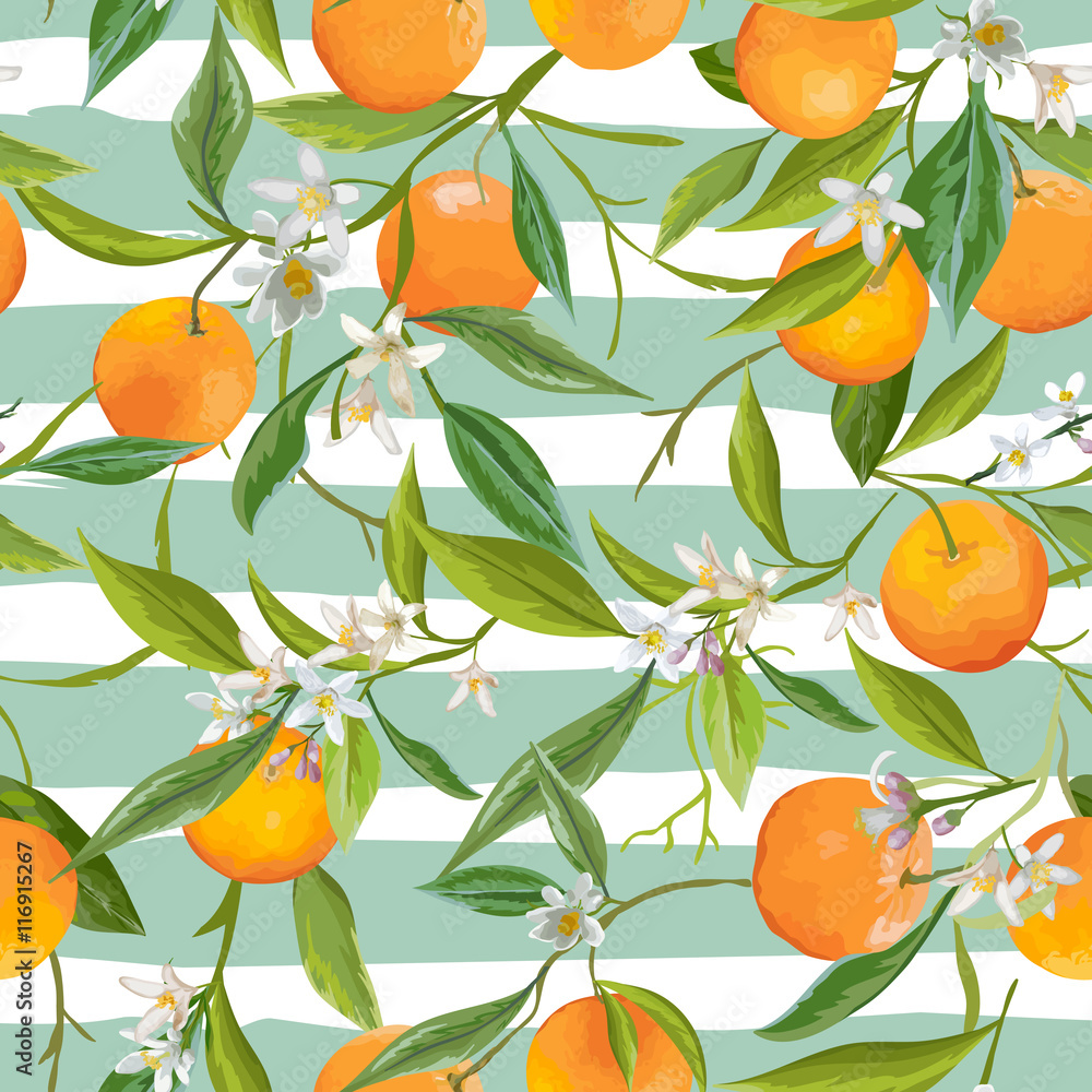Fototapeta premium Seamless Pattern. Orange Fruits Background. Floral Pattern
