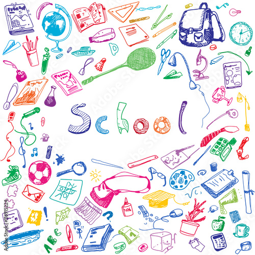 Doodle illustration of school objects. Colorful. Outlined illustration of design elements.