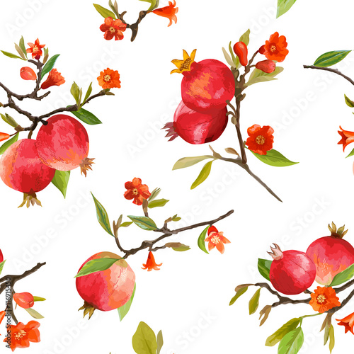 Seamless Pattern. Pomegranate Tropical Background. Floral Pattern