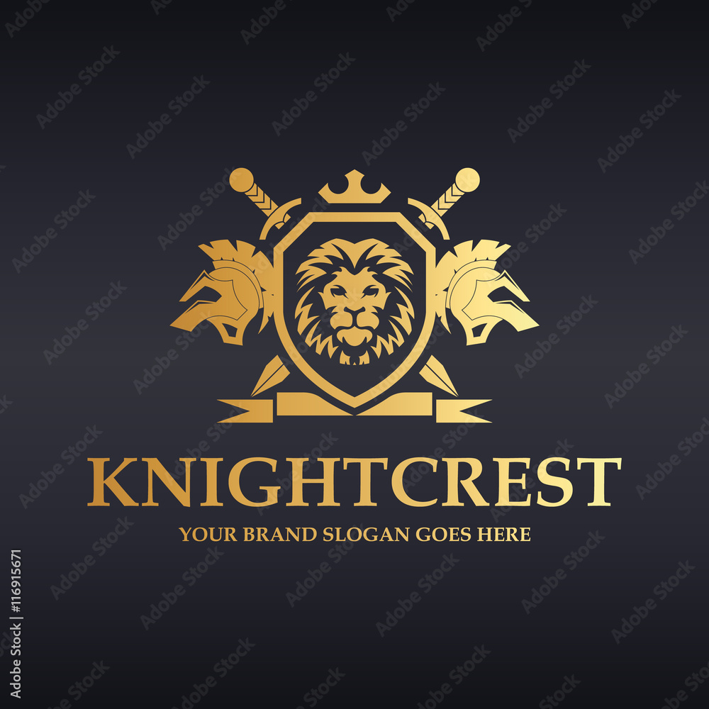 Knight Crest Logo. Heraldic lions with shield, sword and ribbon. Knight Crest Logo. Heraldic lions with shield, sword and ribbon.