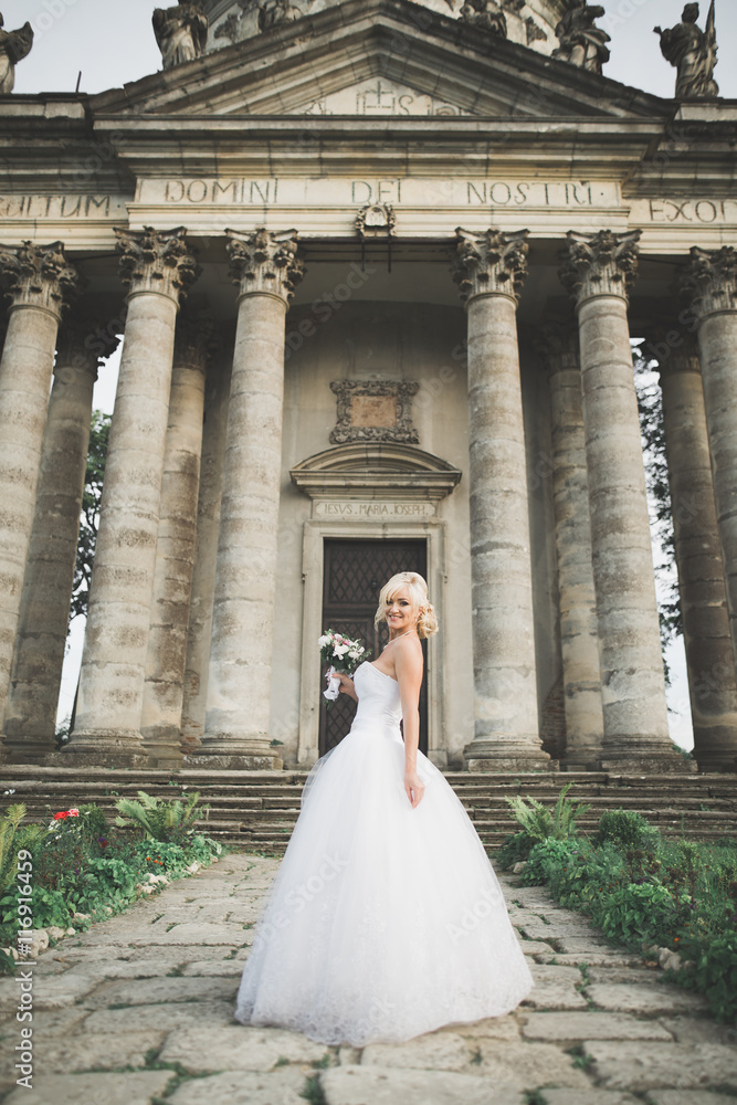 Beautiful stylish blonde bride posing near old castle