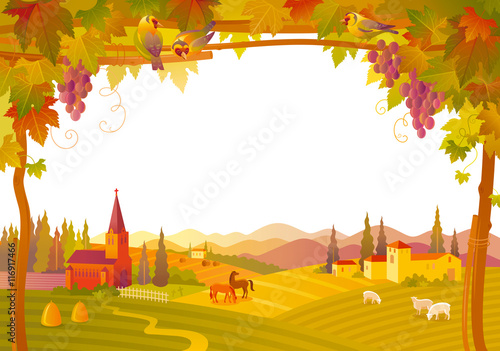 Vector illustration of beautiful autumn landscape on white background in modern style with elegant text lettering, copy space. Countryside fall farm symbols tree, church, pumpkin icon, vineyard
