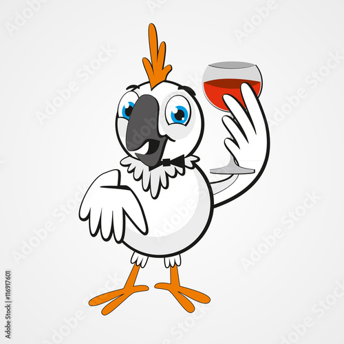 White funny cartoon hilarious parrot with a glass of wine isolated on white background. Vector illustration. Eps 10.