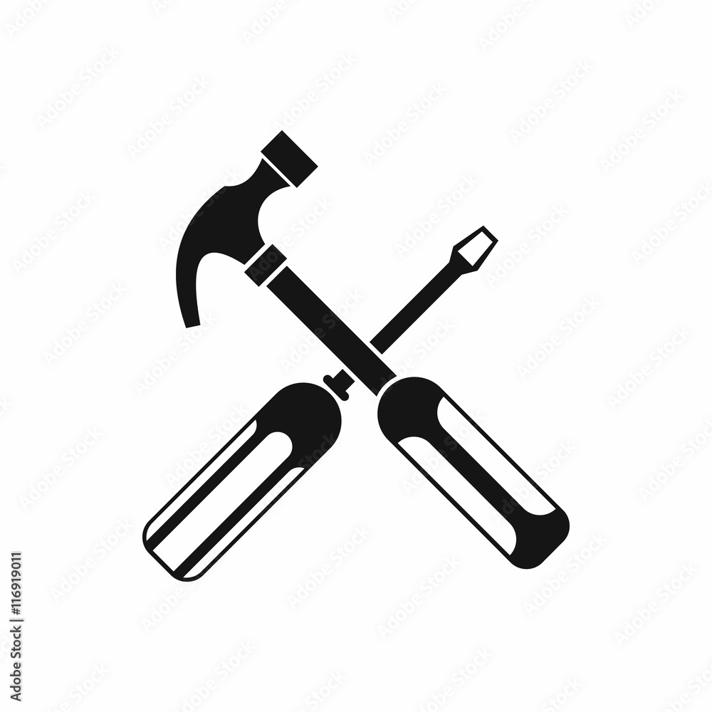 Hammer and screwdriver icon in simple style isolated on white background. Tool symbol Hammer and screwdriver icon in simple style isolated on white background. Tool symbol