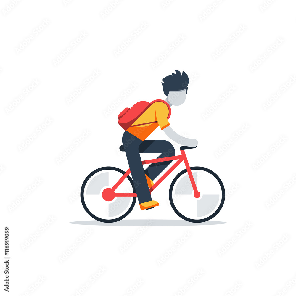 Obraz premium Man in casual dress cycling, student commuting by bicycle, daily riding by bike to business, isolated vector flat design illustration