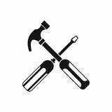 Hammer and screwdriver icon in simple style isolated on white background. Tool symbol