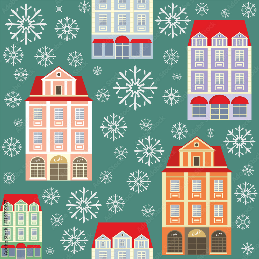 seamless pattern with the image of old town houses, trees and snowflakes. winter cityscape.