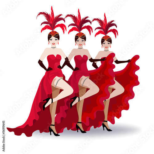 Vettoriale Stock French cancan dancers of the Moulin Rouge. They have hats  with feathers and red theatrical costumes. | Adobe Stock